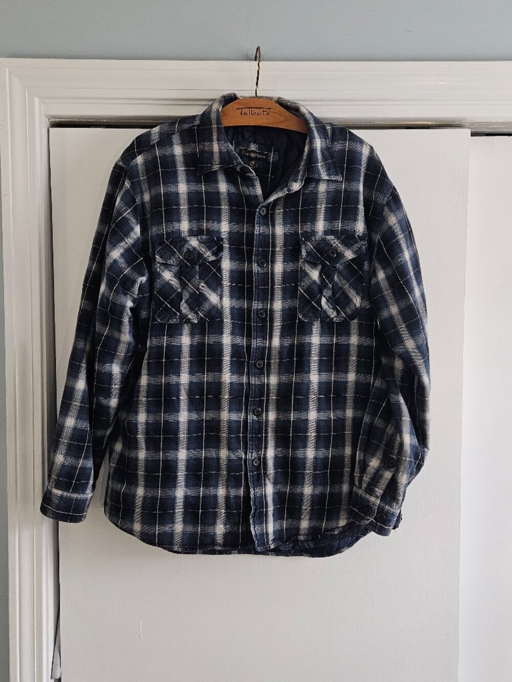 Club Room Blue White Button Down Insulated Flannel Large Shirt Shacket